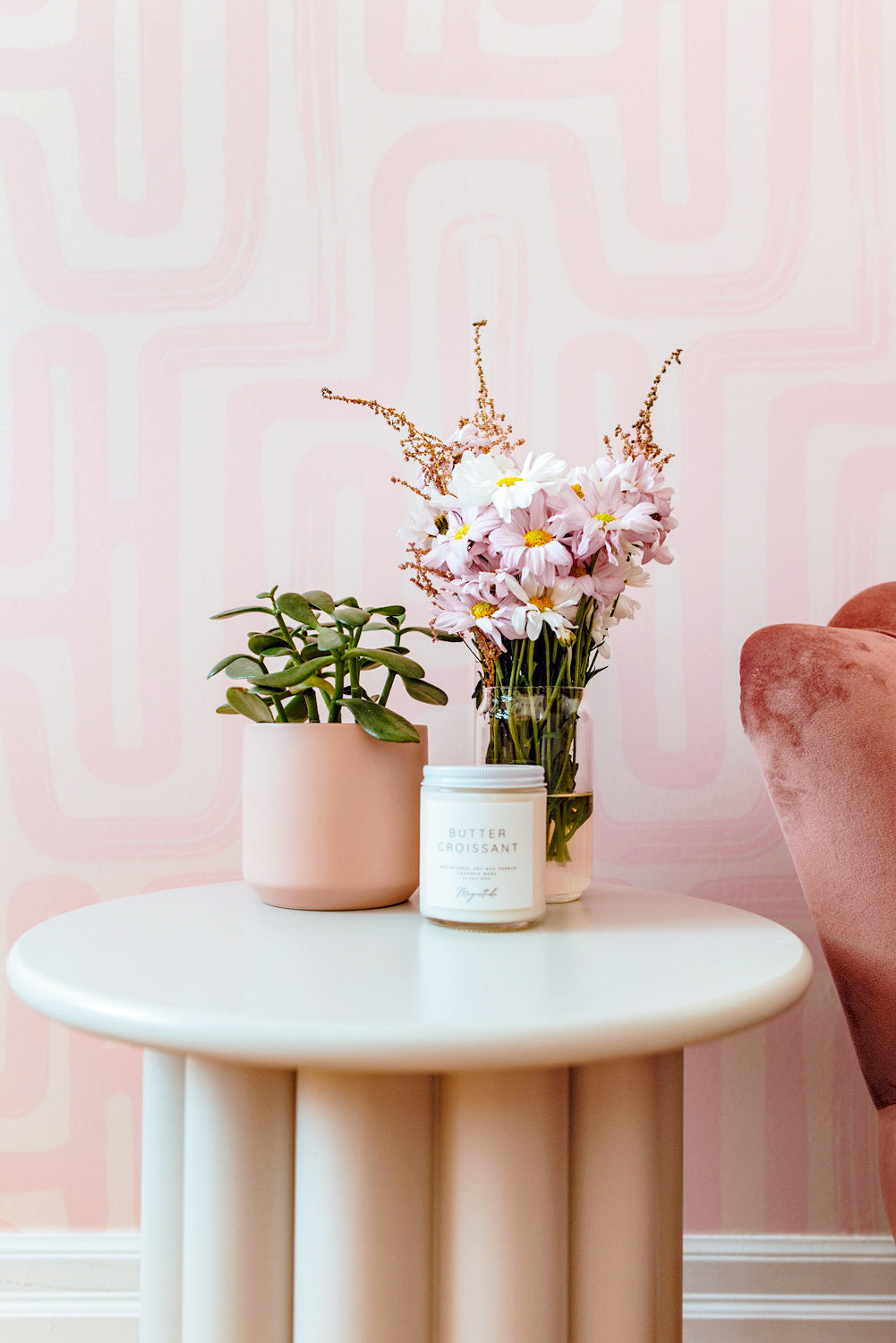 DIY removable wallpaper project featuring pink wallpaper design