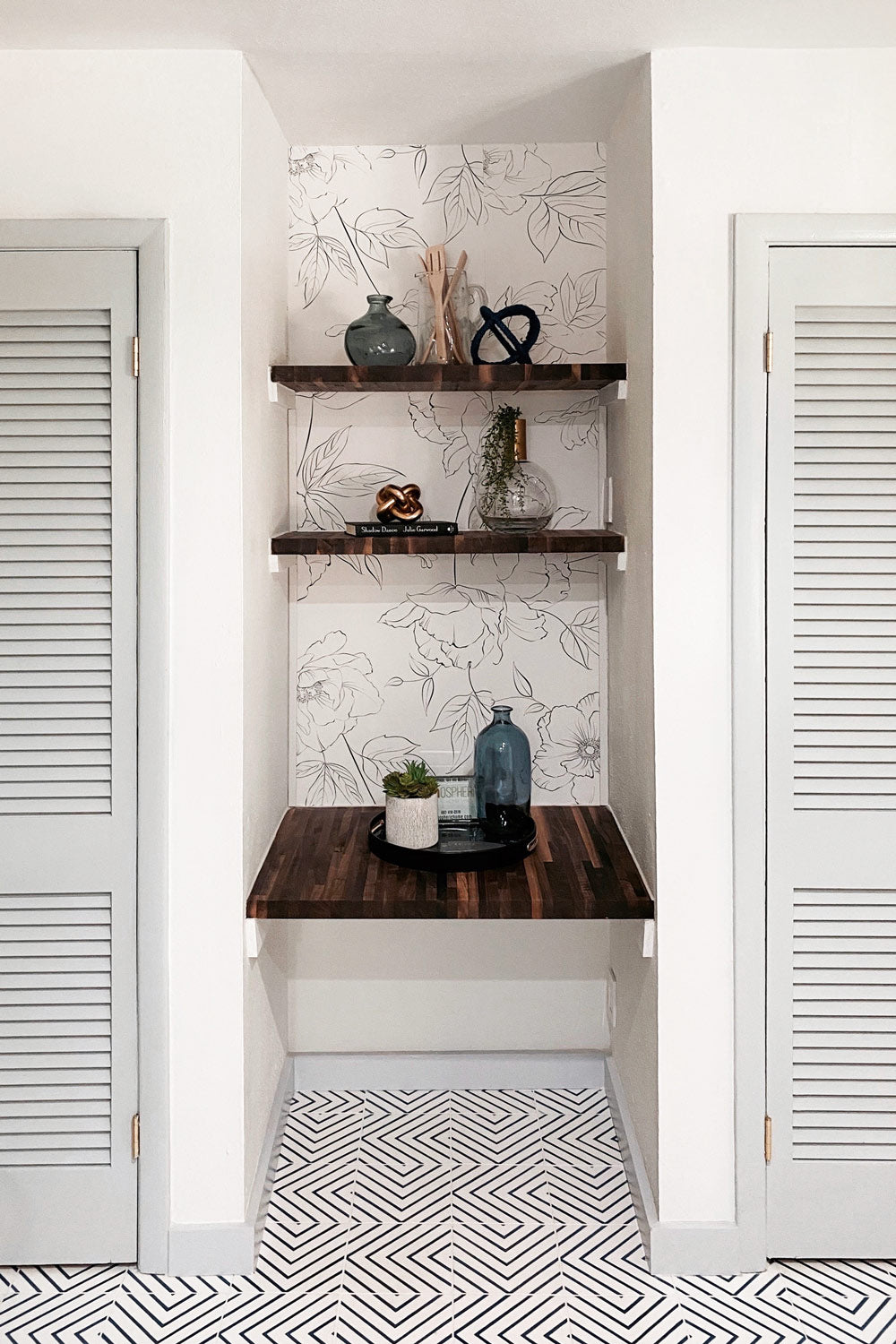 Delicate Dining room shelving with removable wallpaper