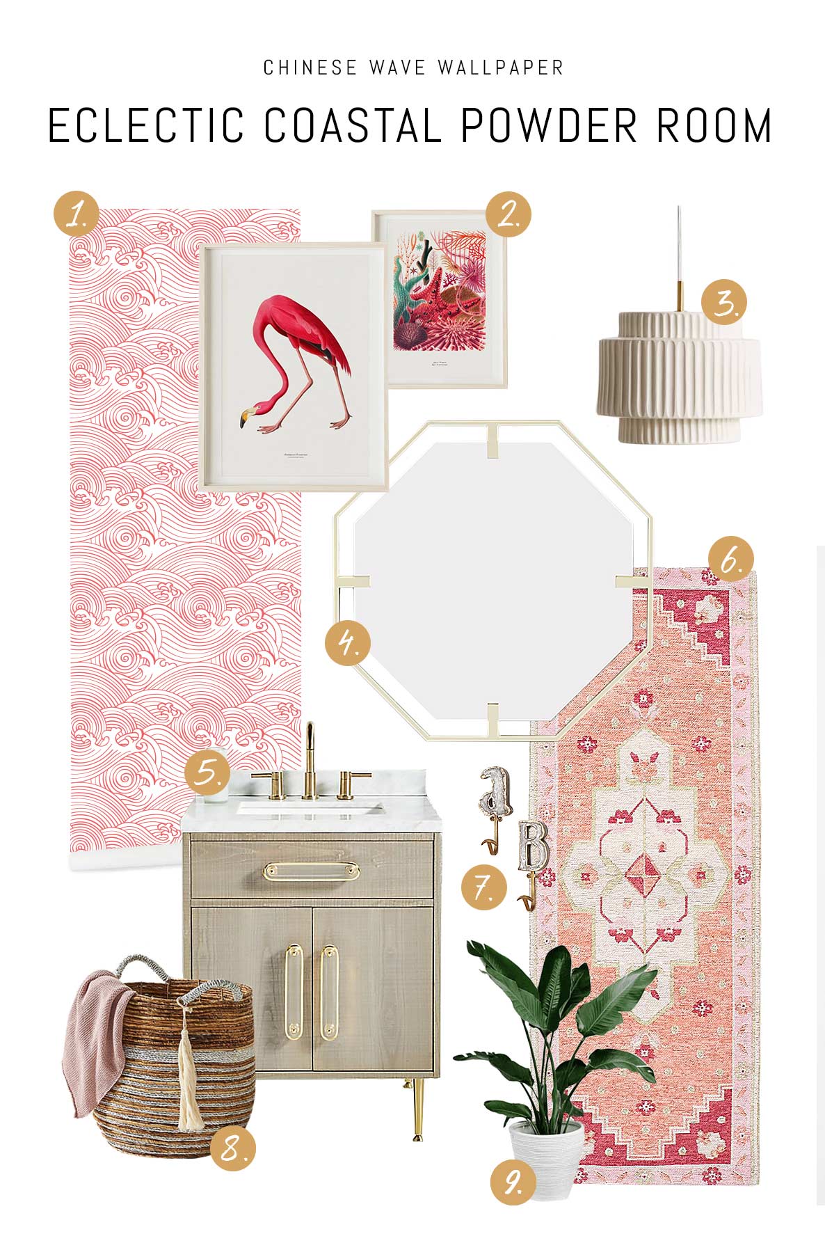 Eclectic coastal style powder room mood board idea with pink color palette and flamingo room decor and removable wallpaper