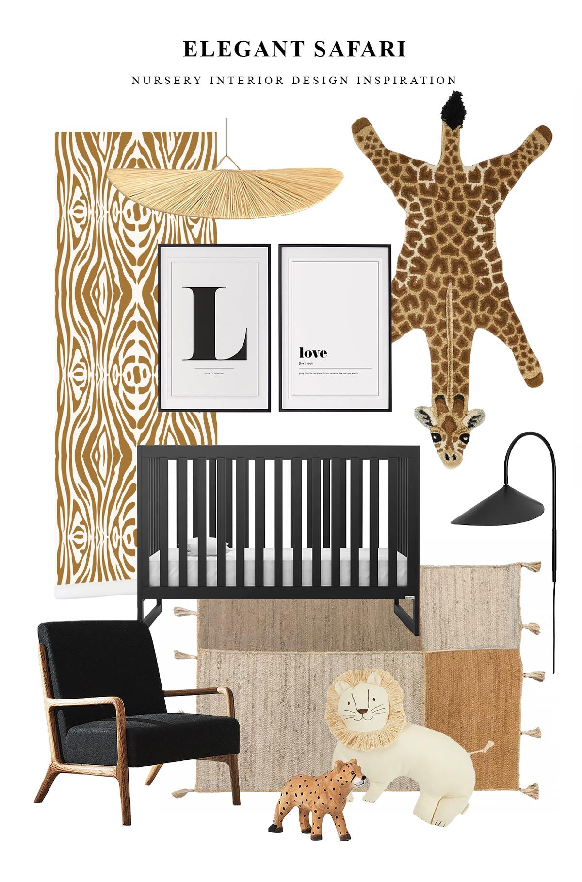 Mid-century modern safari style nursery mood board for baby room interior