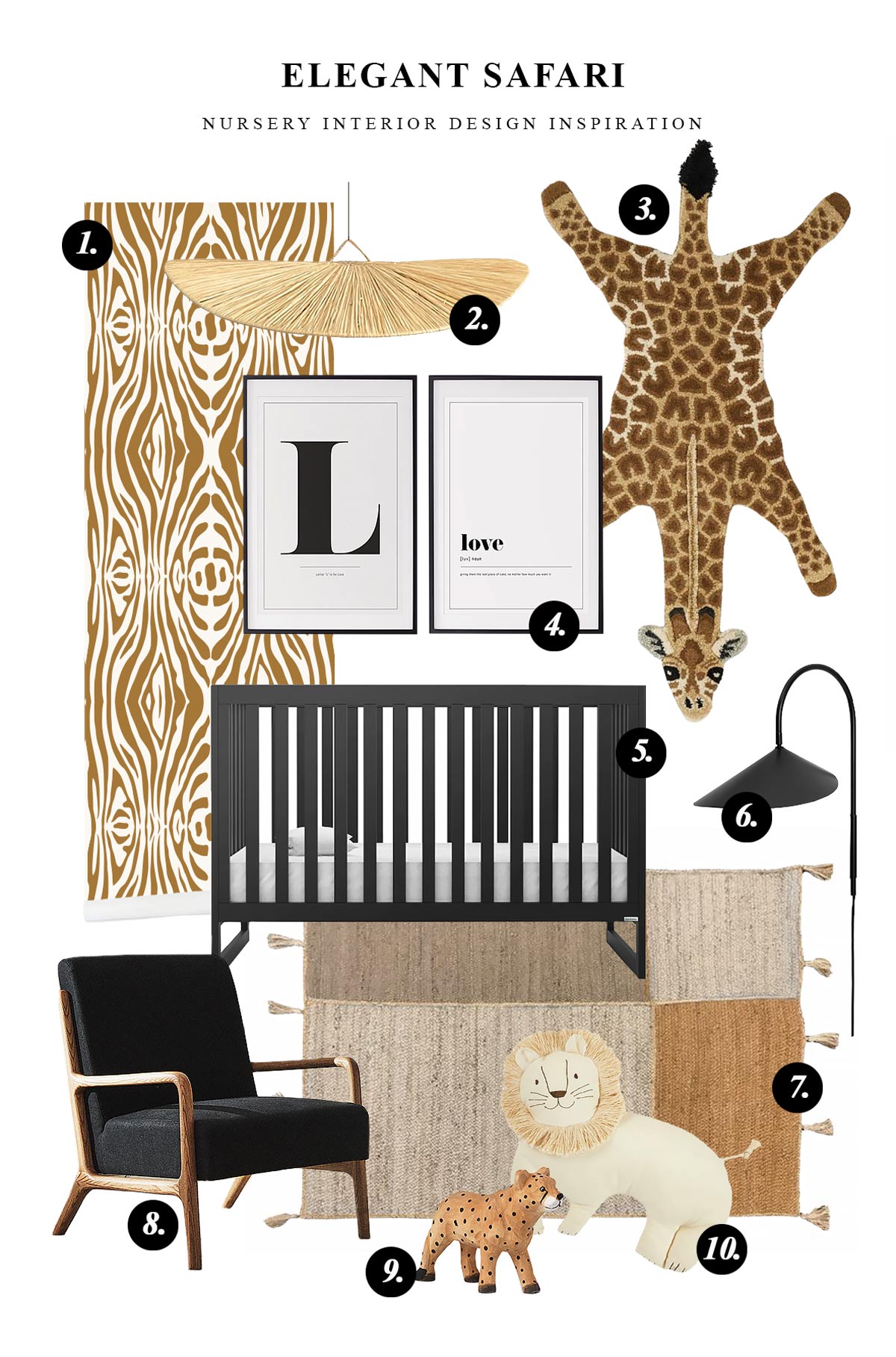 Gender neutral safari nursery interior mood board with animal print wallpaper