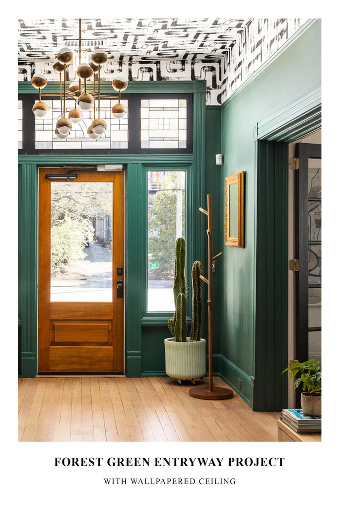 Forest green entryway project with wallpapered ceiling