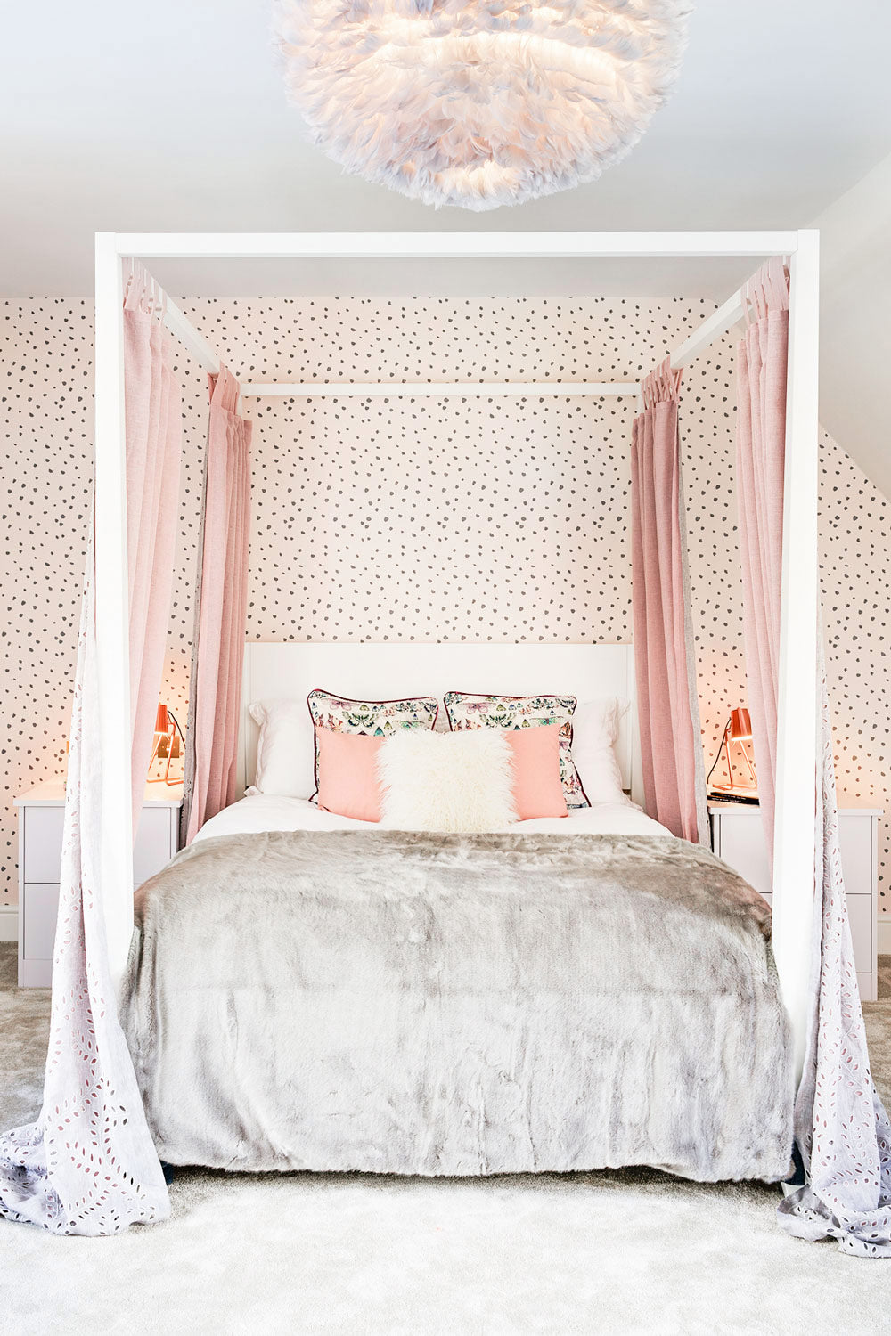 Gray and pink kids room wallpaper design