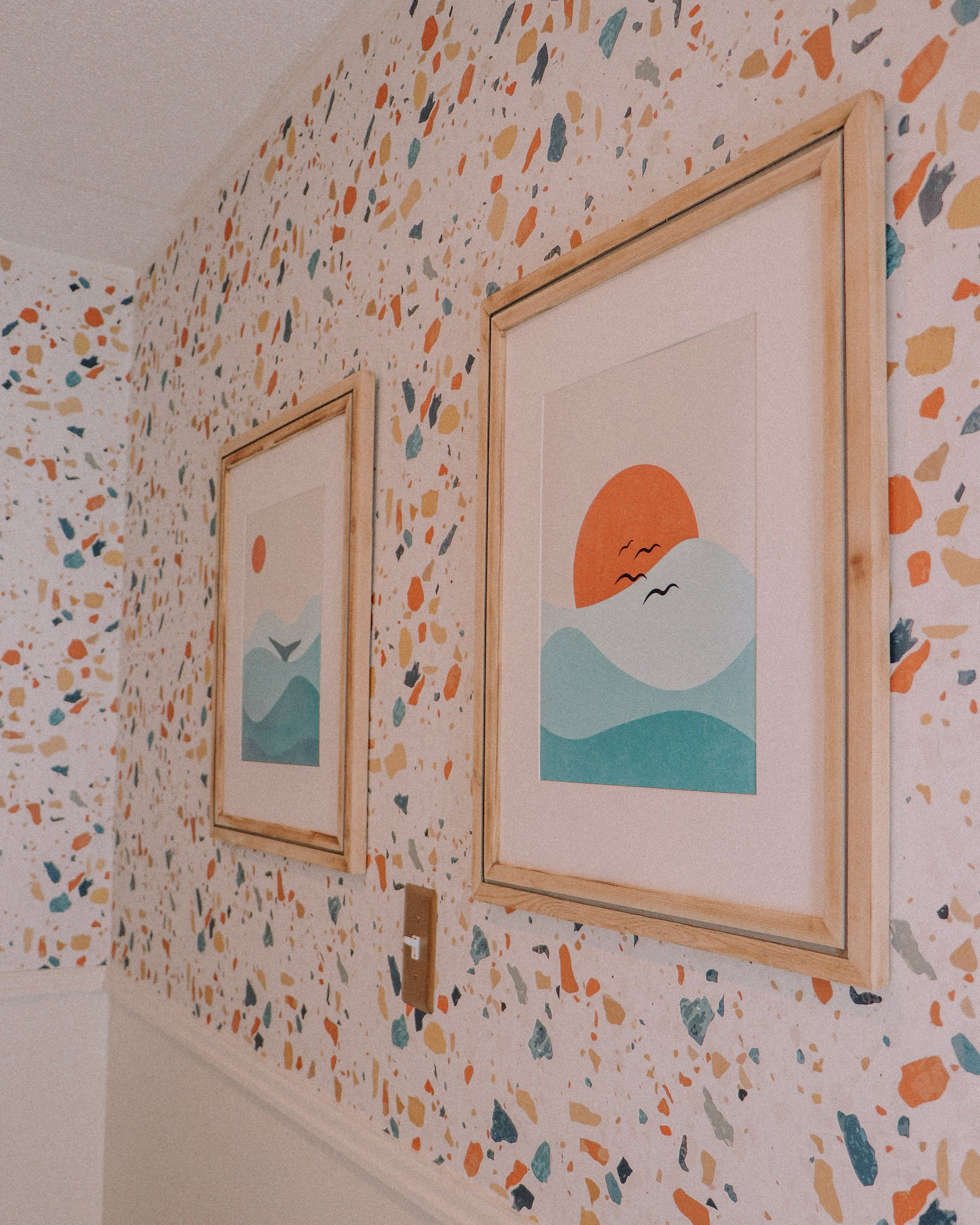 Terrazzo pattern wallpaper design installed in bathroom interior