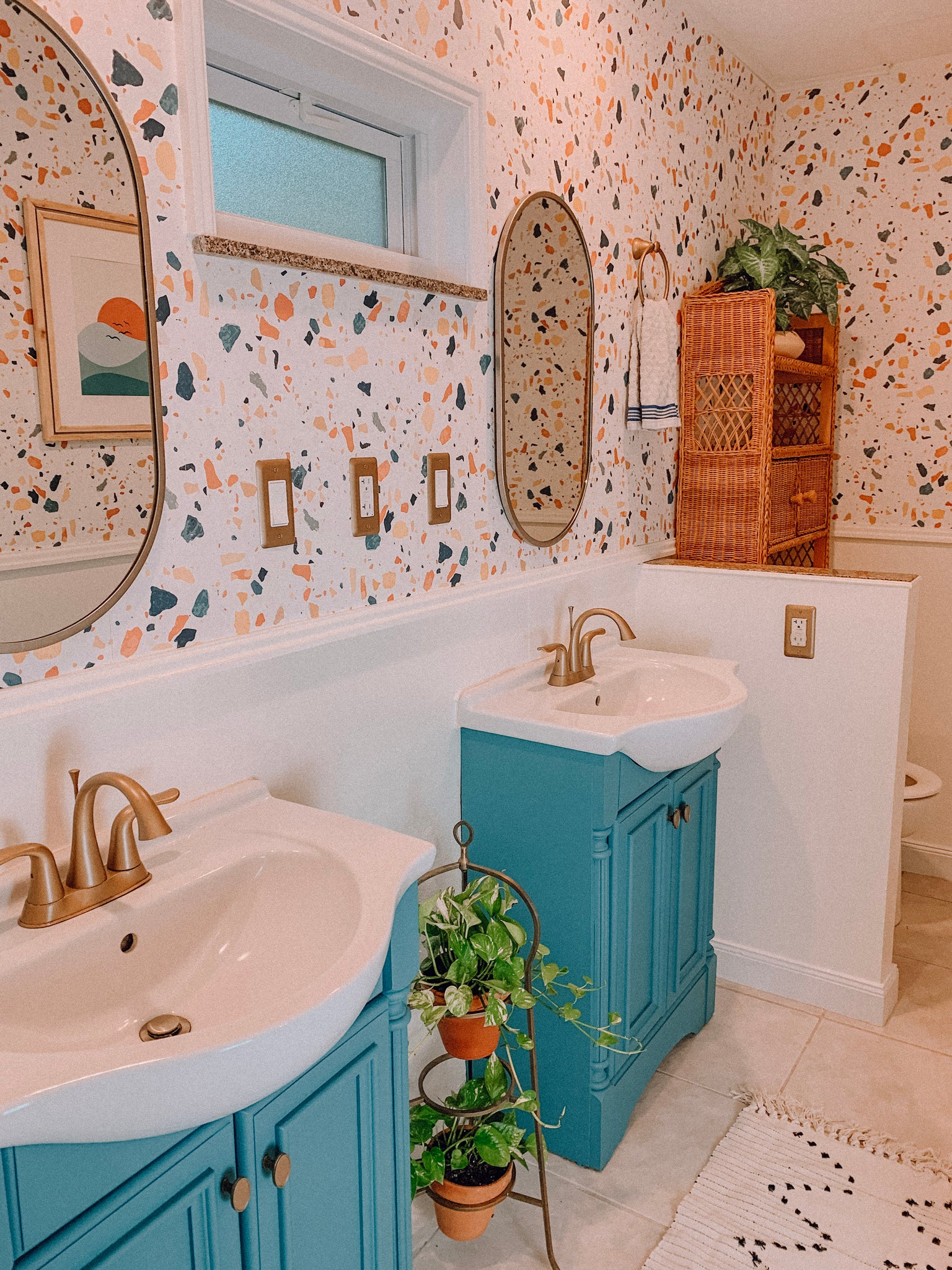 DIY bathroom remodel on budget featuring Terrazzo wallpaper design