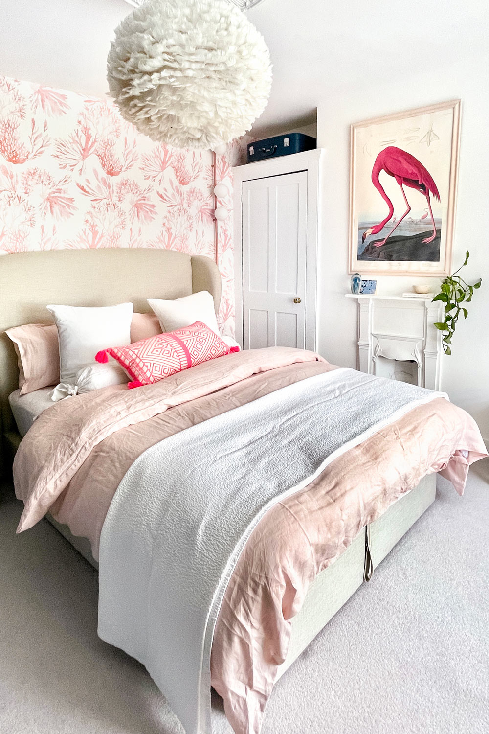 DIY small bedroom interior project featuring some colourful wallpaper design