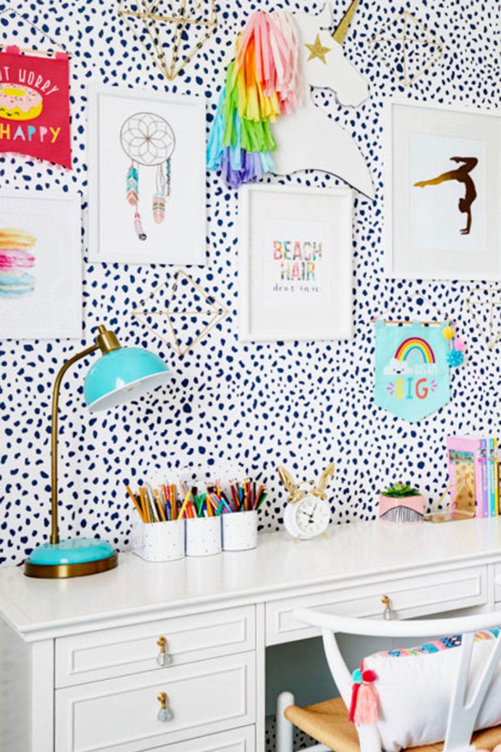 bright and modern girls bedroom desk area