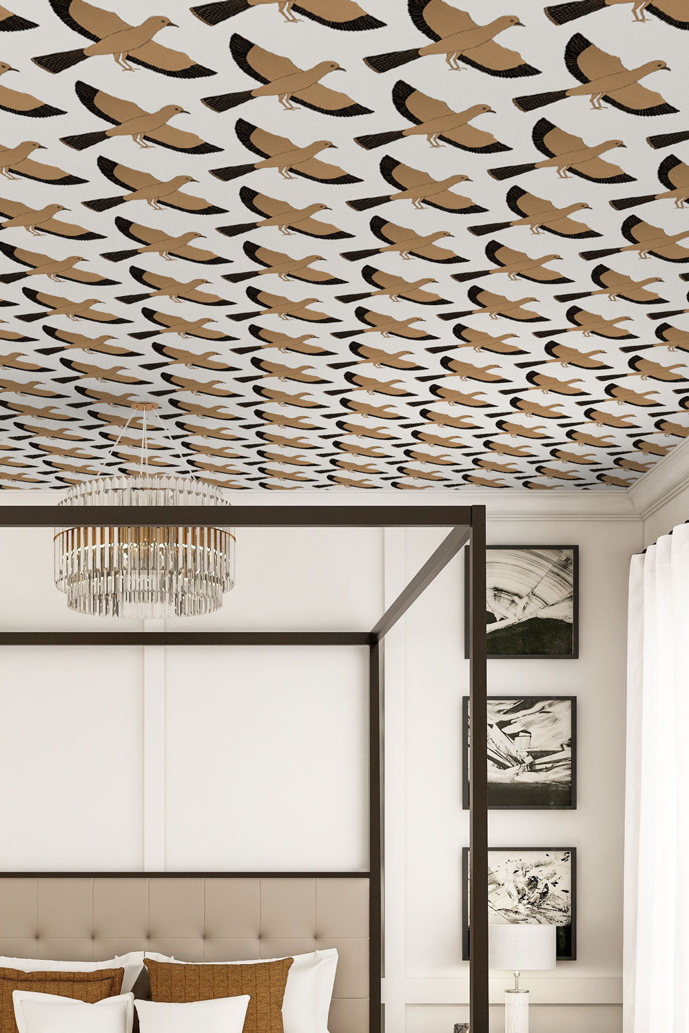Japandi Style Pigeon Wallpaper Bedroom Ceiling Design