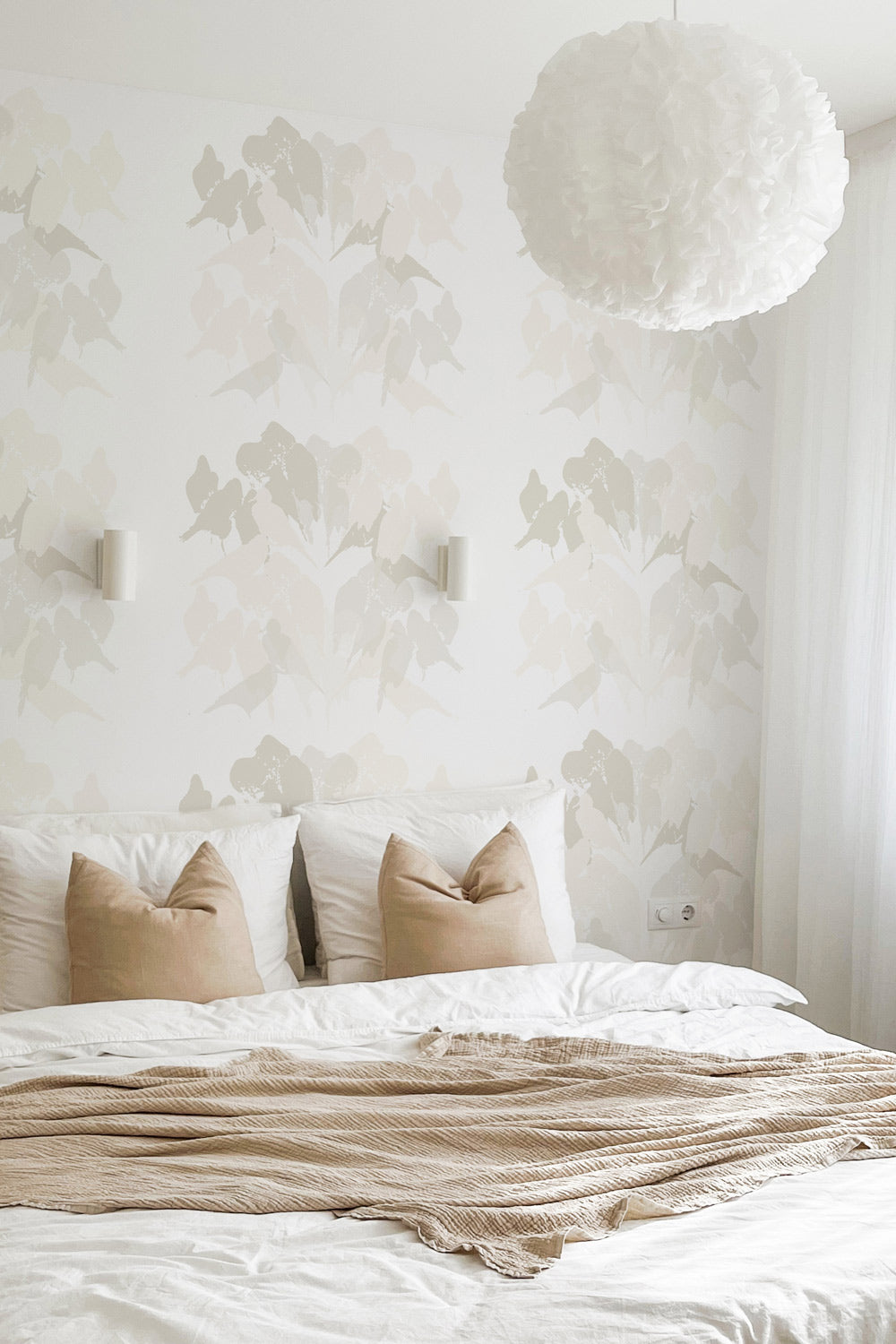 Japandi Style Watercolor Birds Wallpaper Bedroom Interior