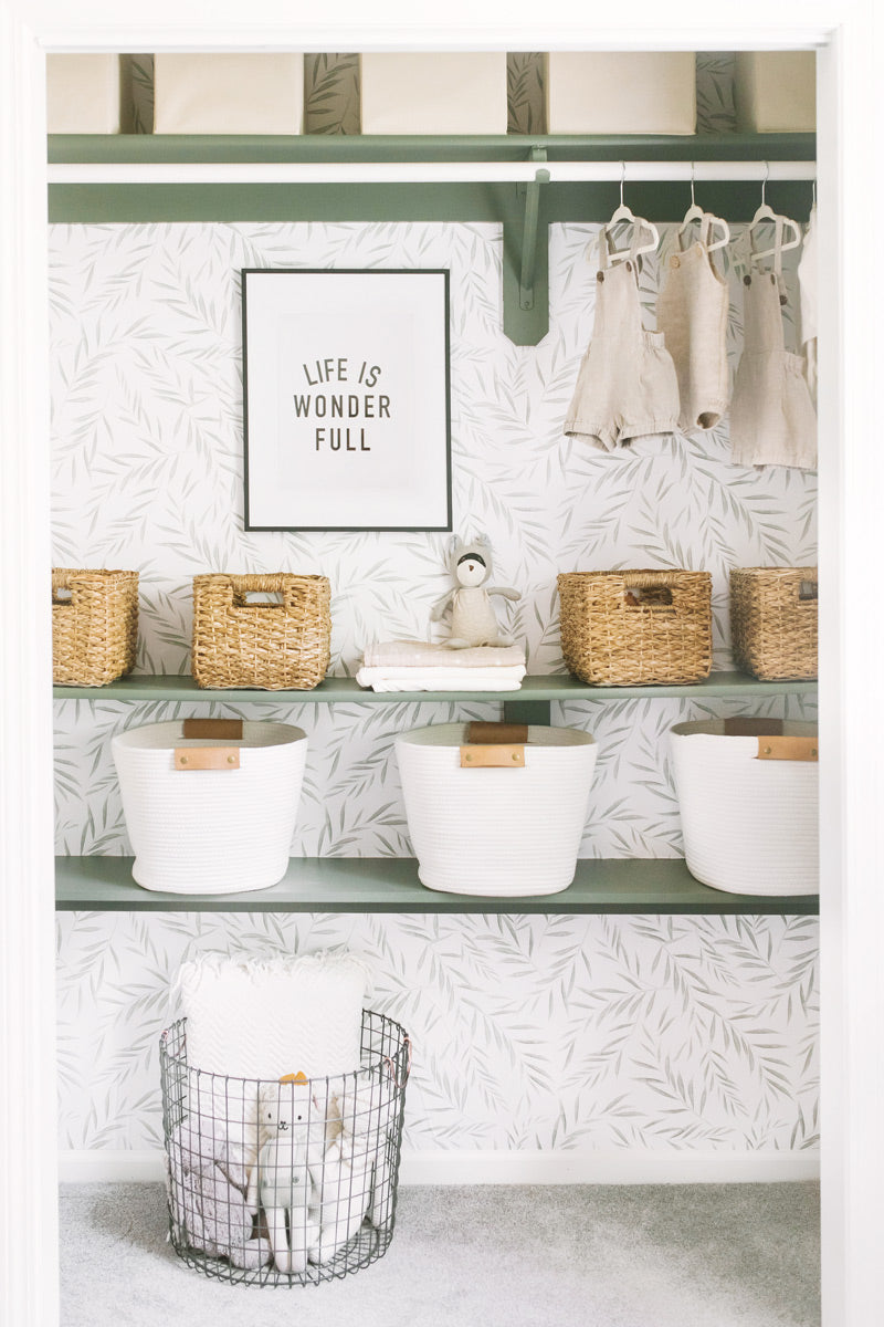 Botanical foliage removable wallpaper styled in nursery closet