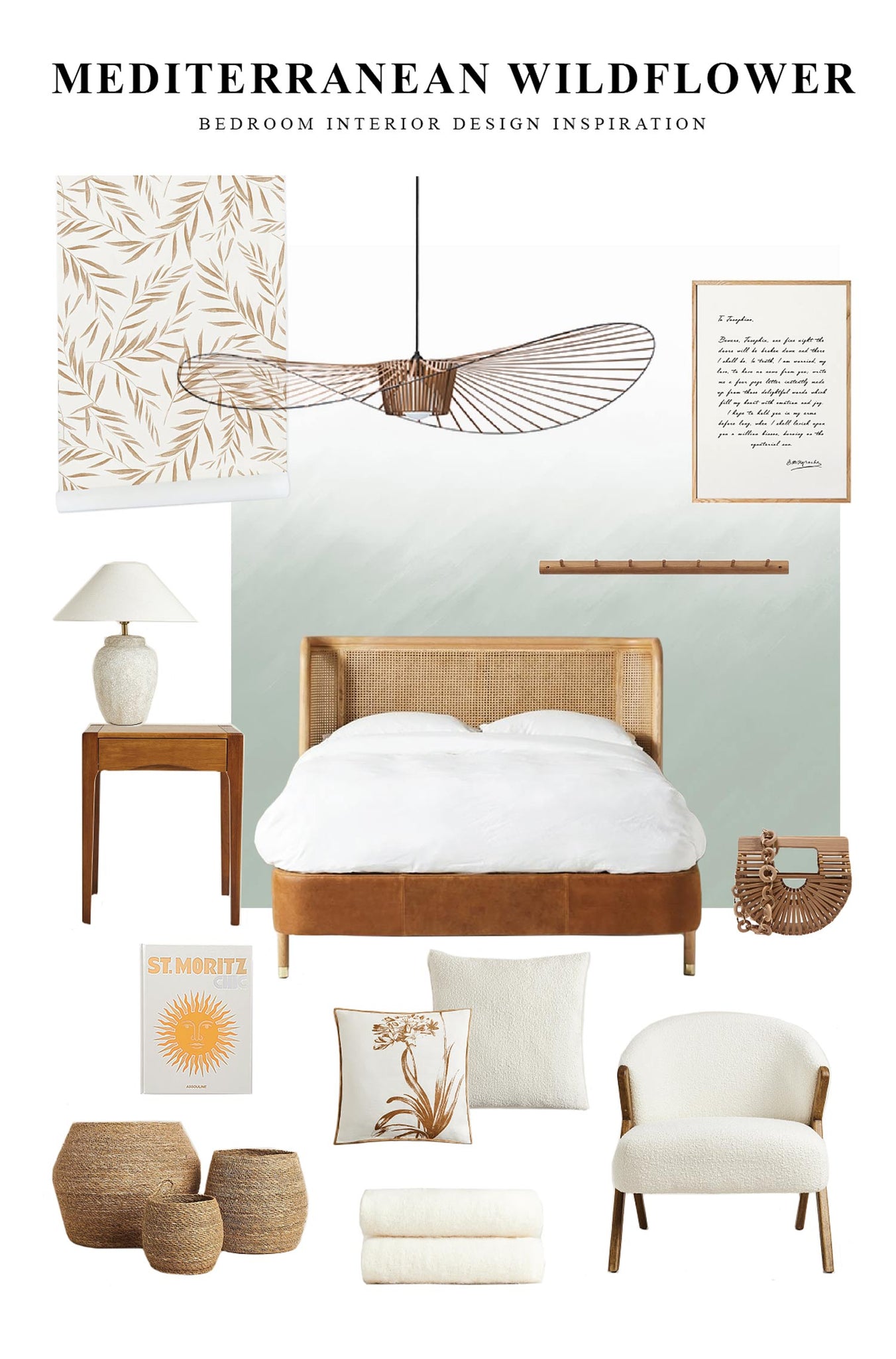Sophisticated master bedroom interior design inspiration mood board with wildflower foliage removable wallpaper