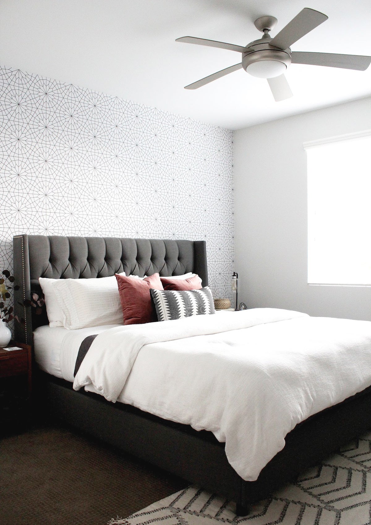 Master bedroom makeover, modern sophisticated interior with grey, white and pink color palette