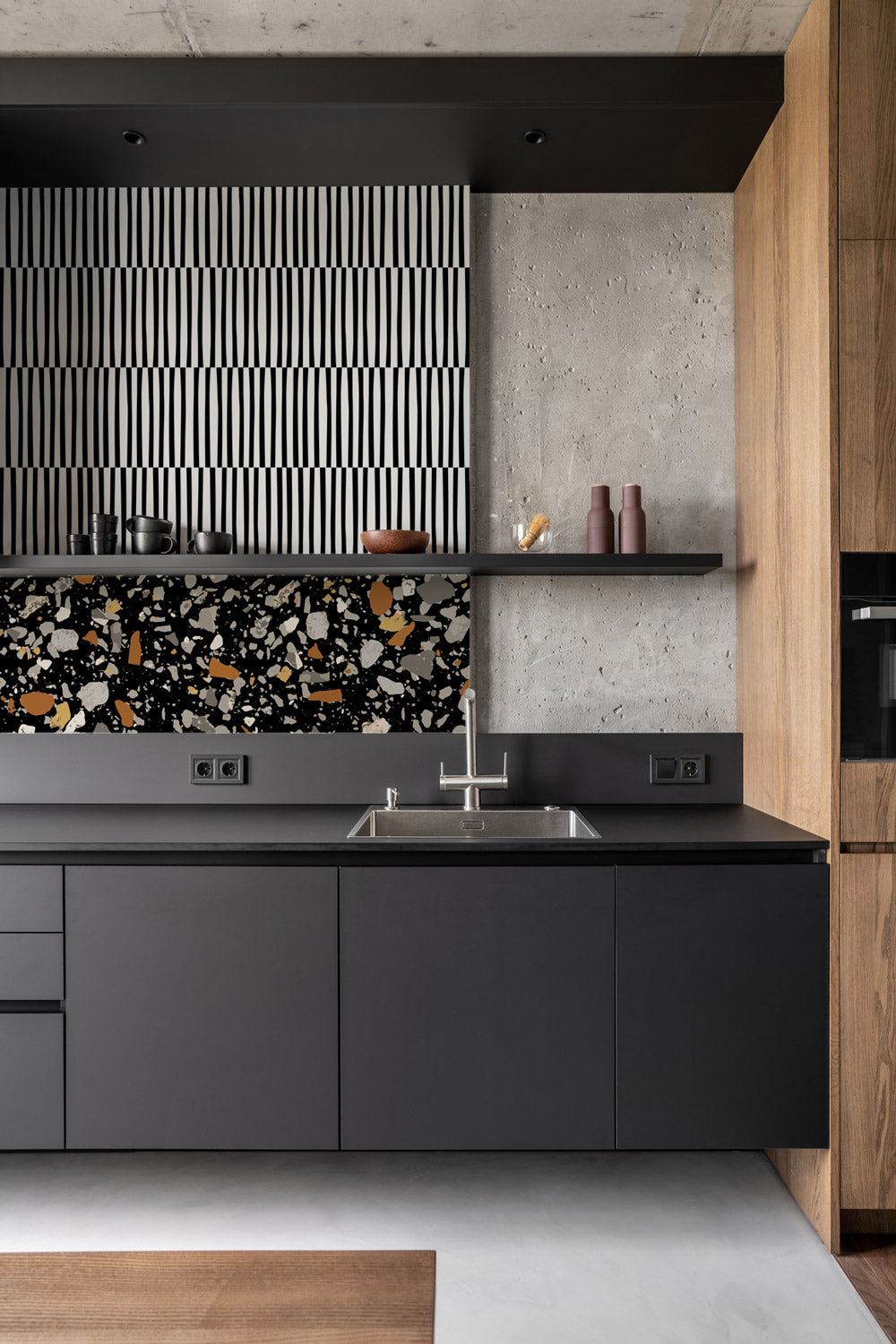 Modern Dark Kitchen Interior With Wallpaper