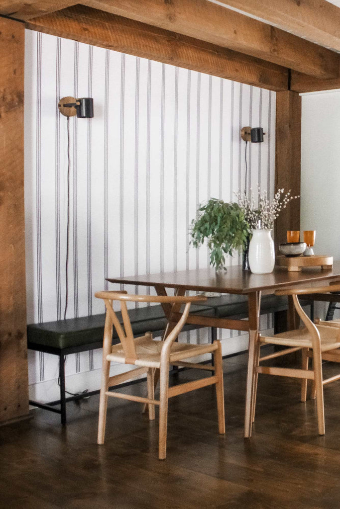 Minimal stripes wallpaper in modern farmhouse dining room interior