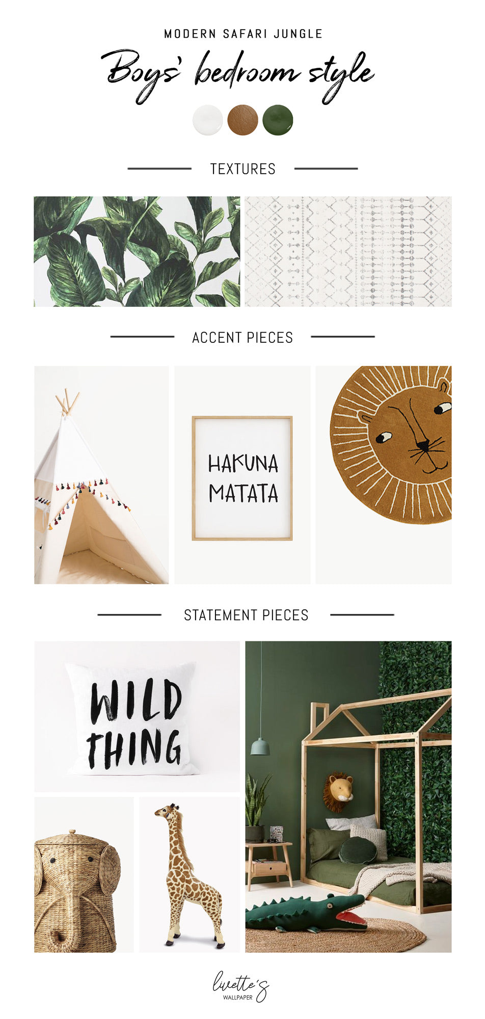 Inspiration mood board of trendy safari jungle themed kids' bedroom