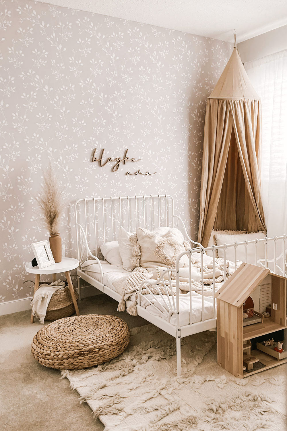 Neutral Girl's Bedroom Design With Wildflower Foliage Wallpaper | Livettes