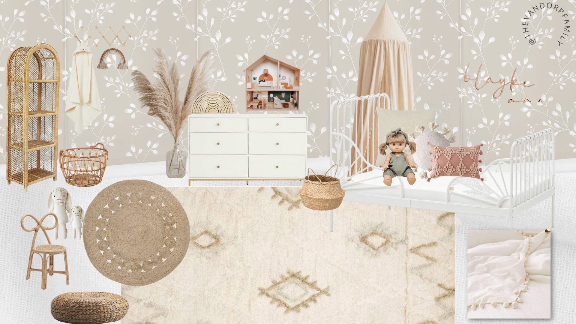 Neutral interior mood board with removable wallpaper design