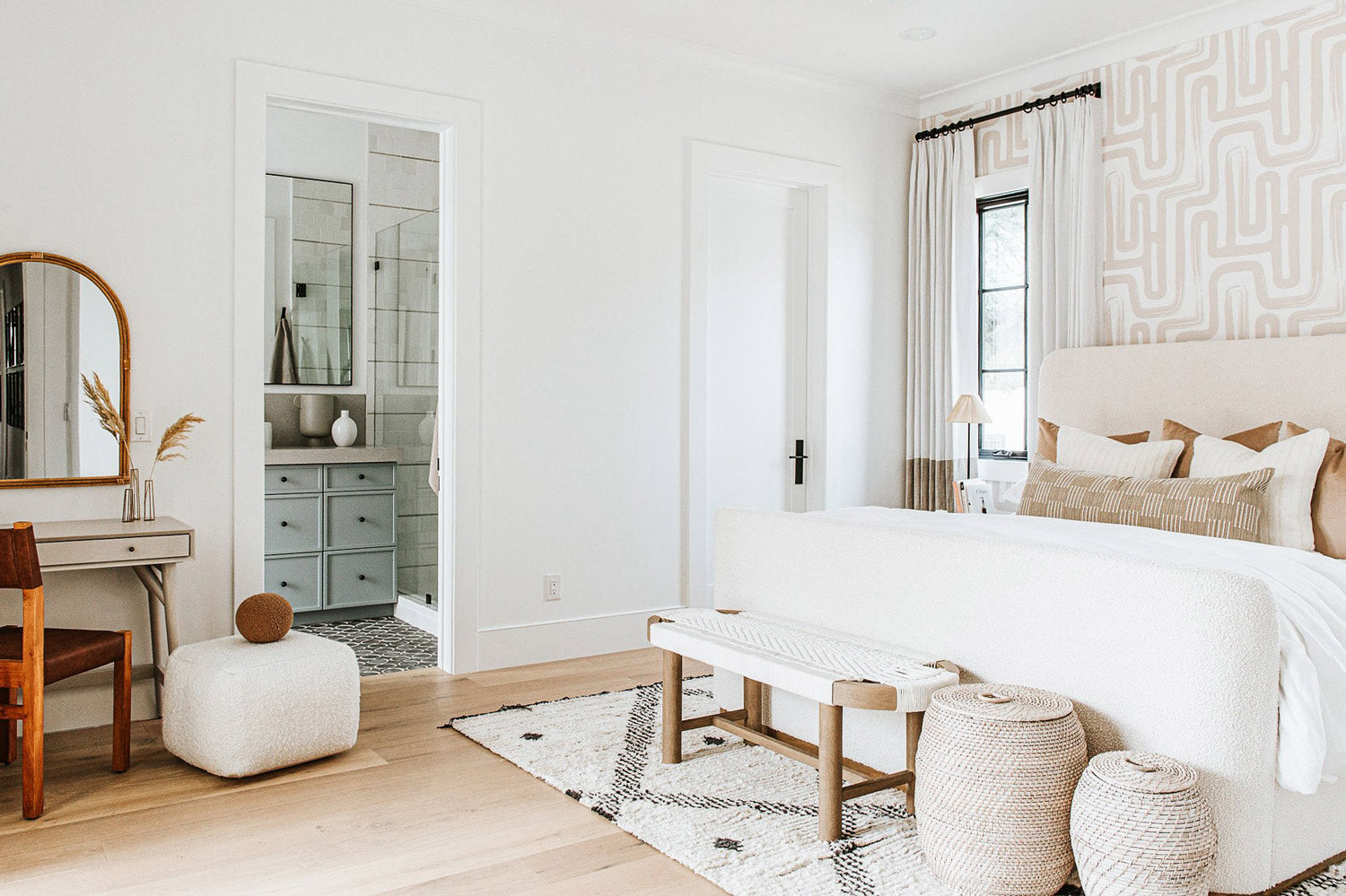 Neutral beach house bedroom interior featuring removable wallpaper