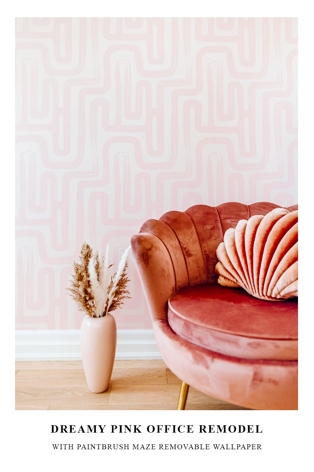 Removable wallpaper office accent wall project featuring pink decors