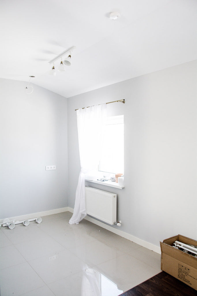 Office kitchen design in progress, light grey walls, tile floor and white ceiling