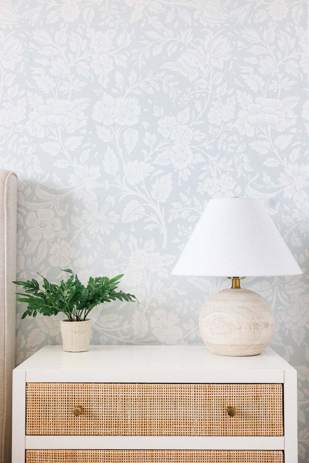 Neutral bedroom interior for girl's room featuring removable wallpaper