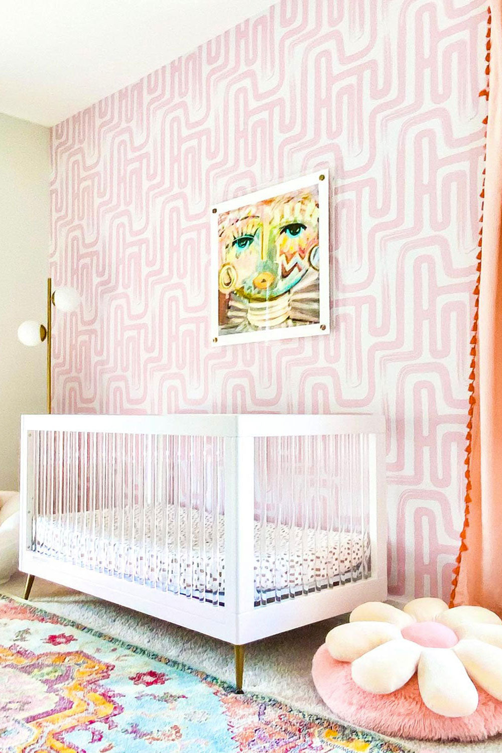Pink girls room featuring abstract removable wallpaper design