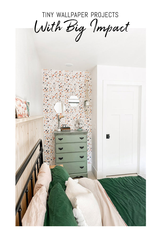 Terrazzo removable wallpaper in girls bedroom interior with pink and green color scheme