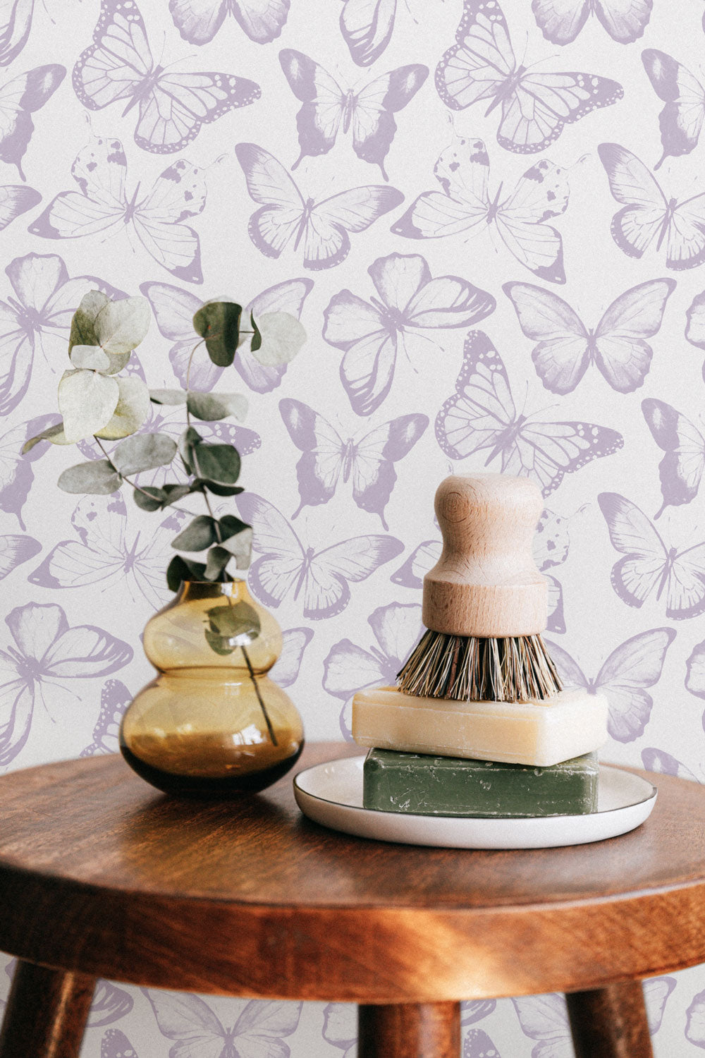Tiny Lavender Butterfly Wallpaper In Powder Room