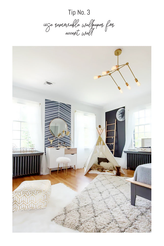 Modern and light kids bedroom interior with gold and wood accessories