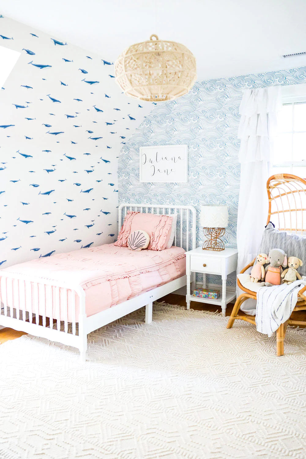 Chinese Waves And Blue Whale Pattern Kids Room Interior