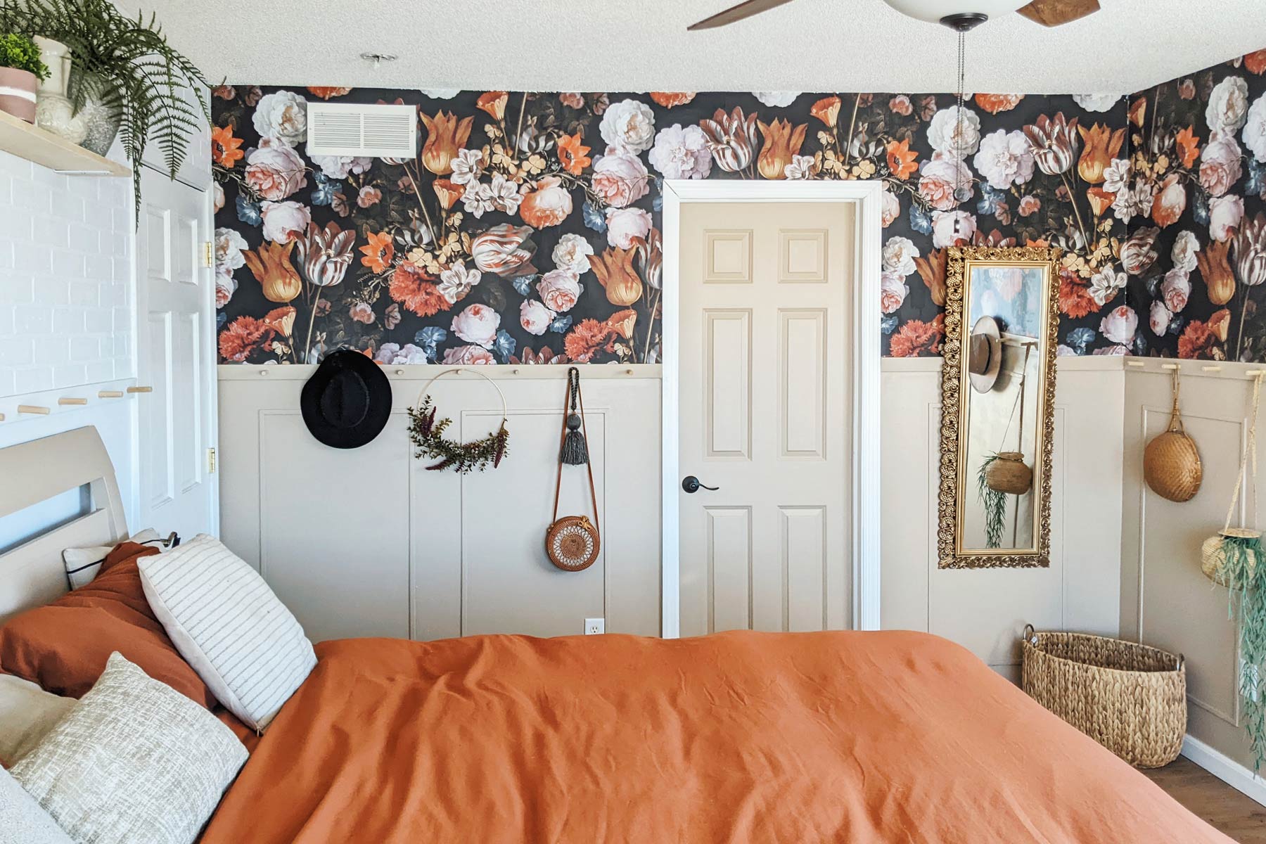 Final look of the bedroom renovation with bold floral removable wallpaper