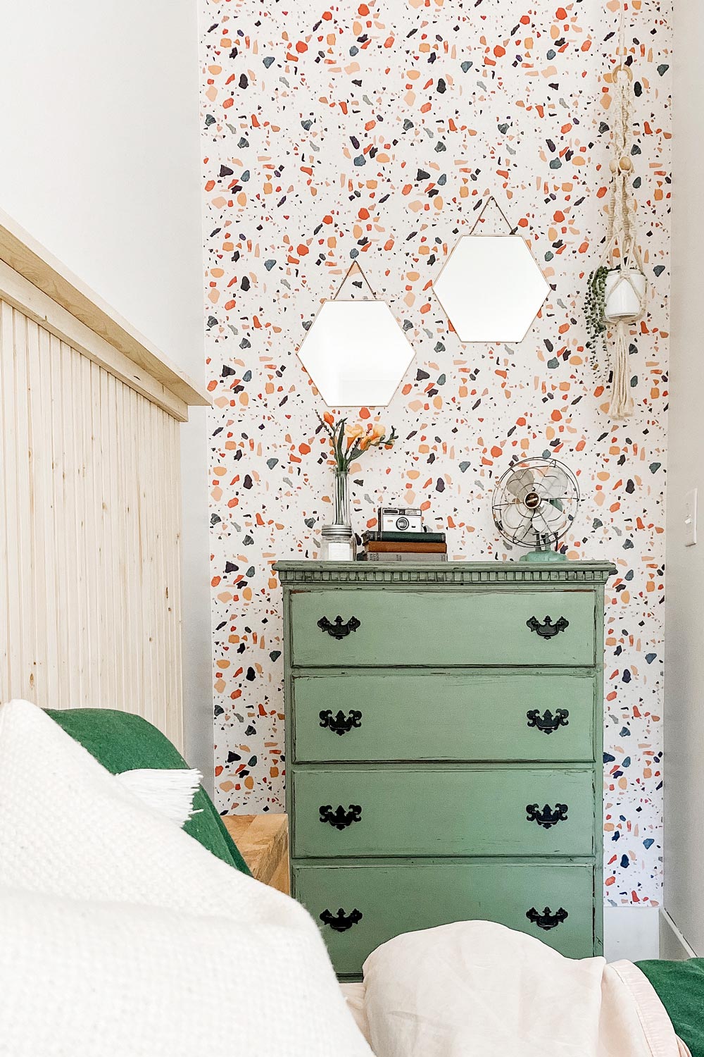 Colorful Terrazzo removable wallpaper styled in rustic bedroom interior