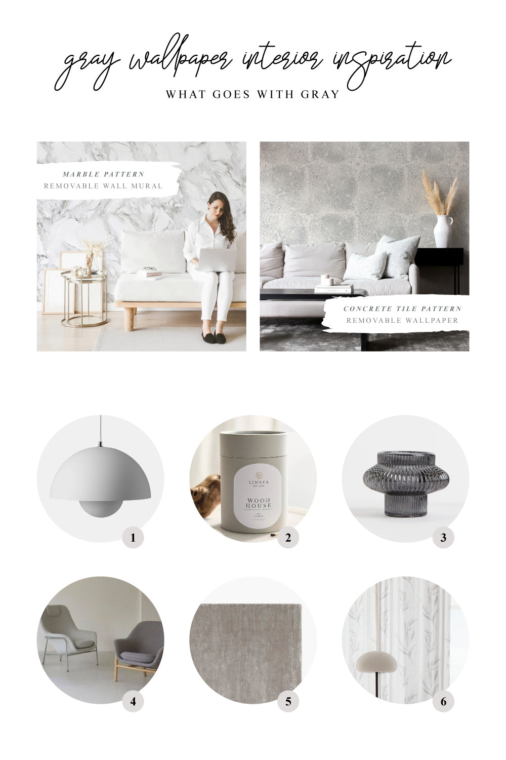 Gray wallpaper and gray monotone interior mood board inspiration