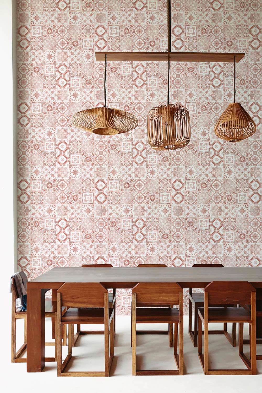 lisbon inspired tile print wallpaper in burgundy color for dining room