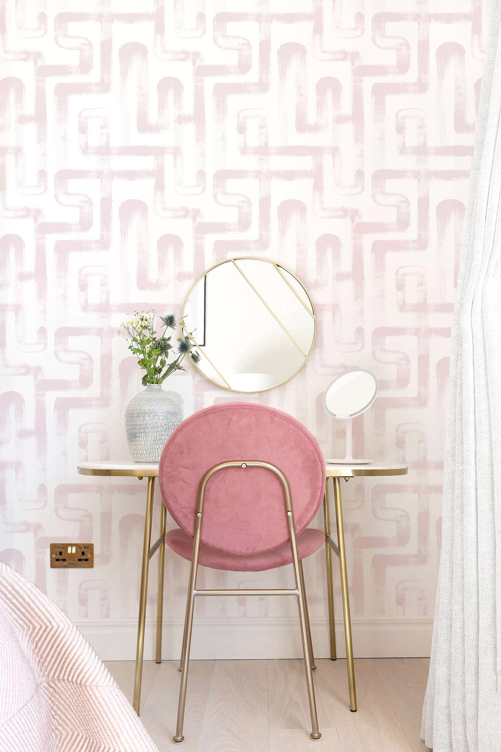 ecelctic style powder room interior light pink london metro lines design wallpaper