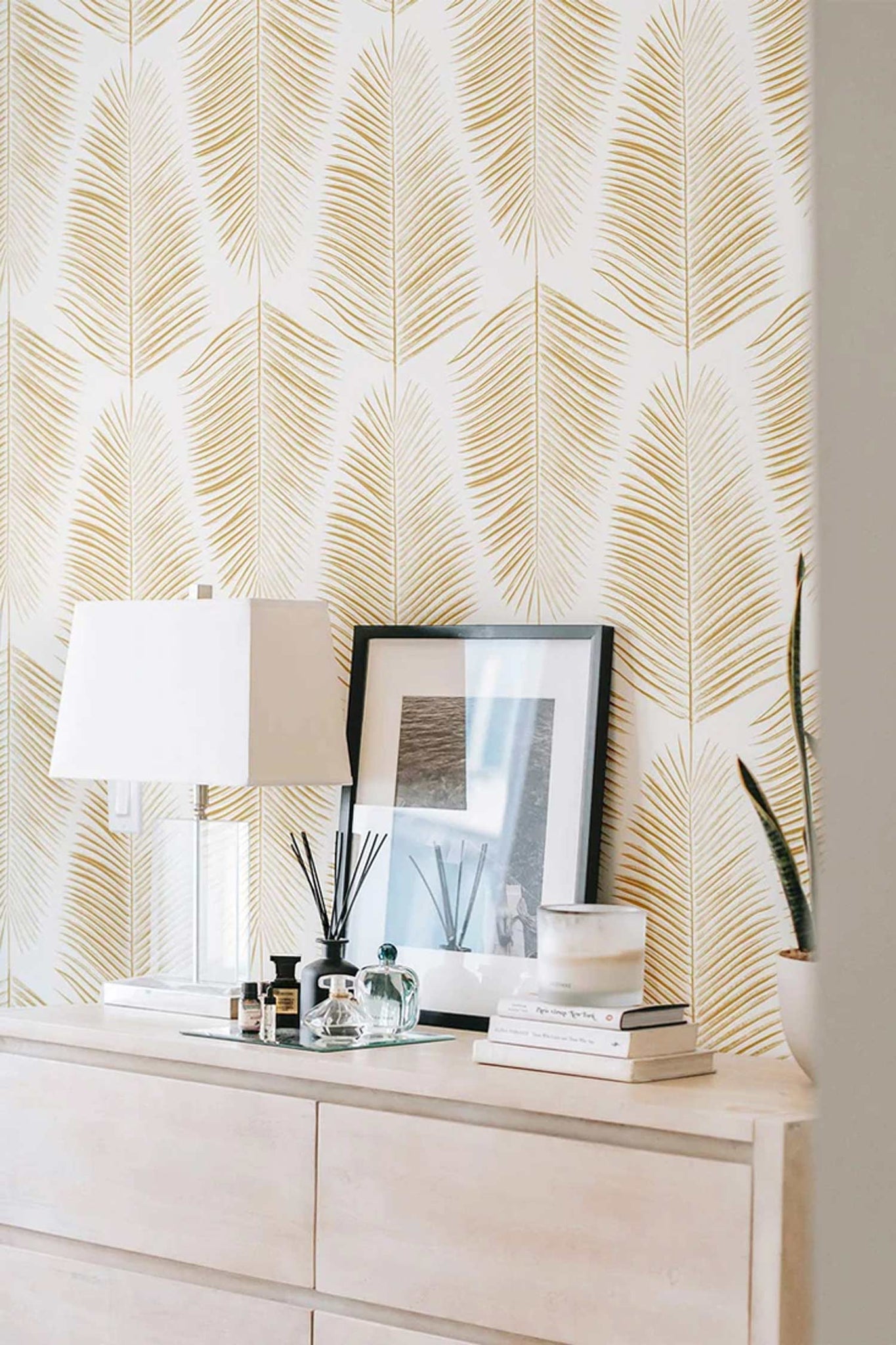 gold color palm leaves wallpaper bedroom interior design