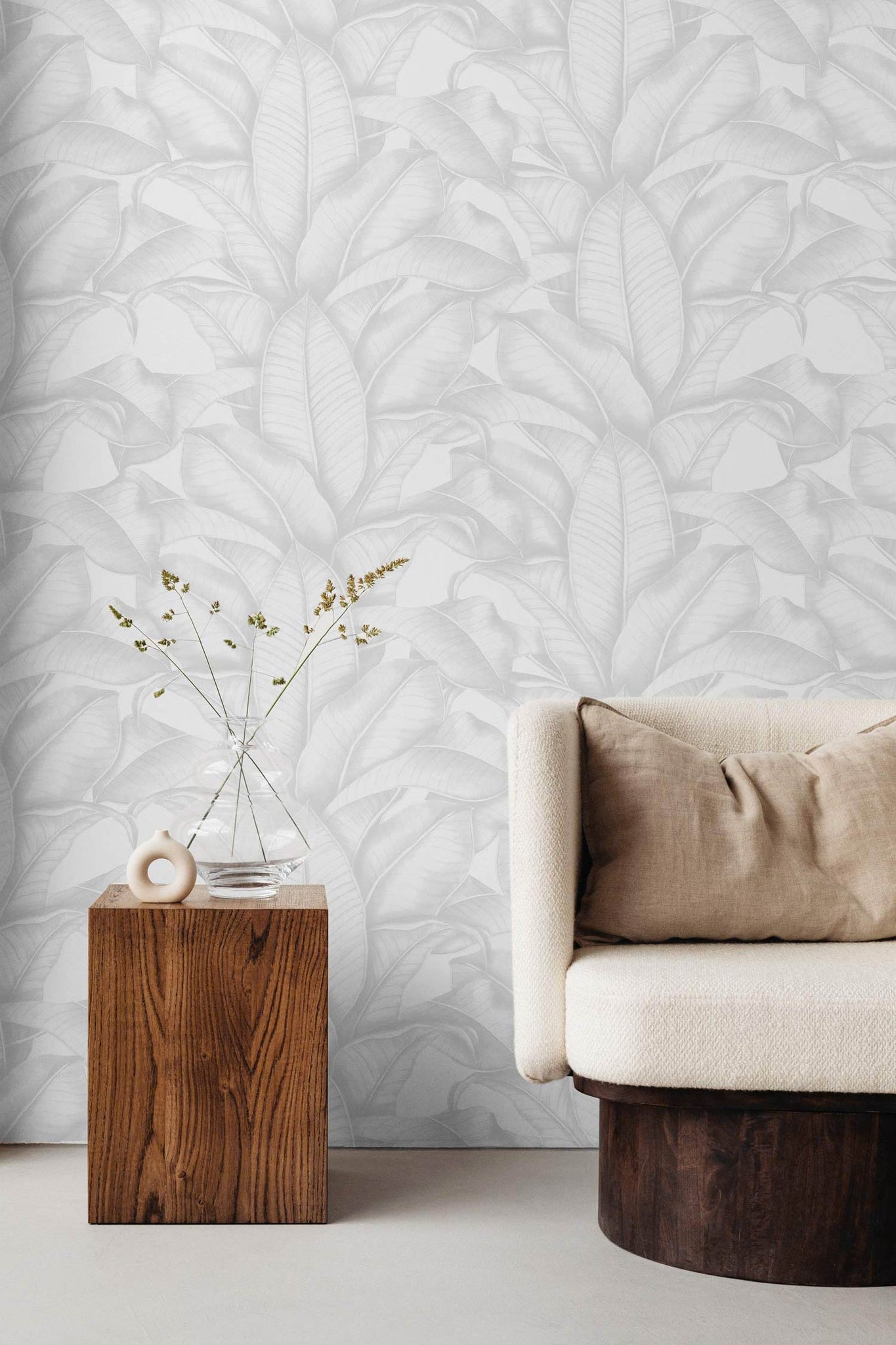 light grey banana leaf wallpaper living room interior design