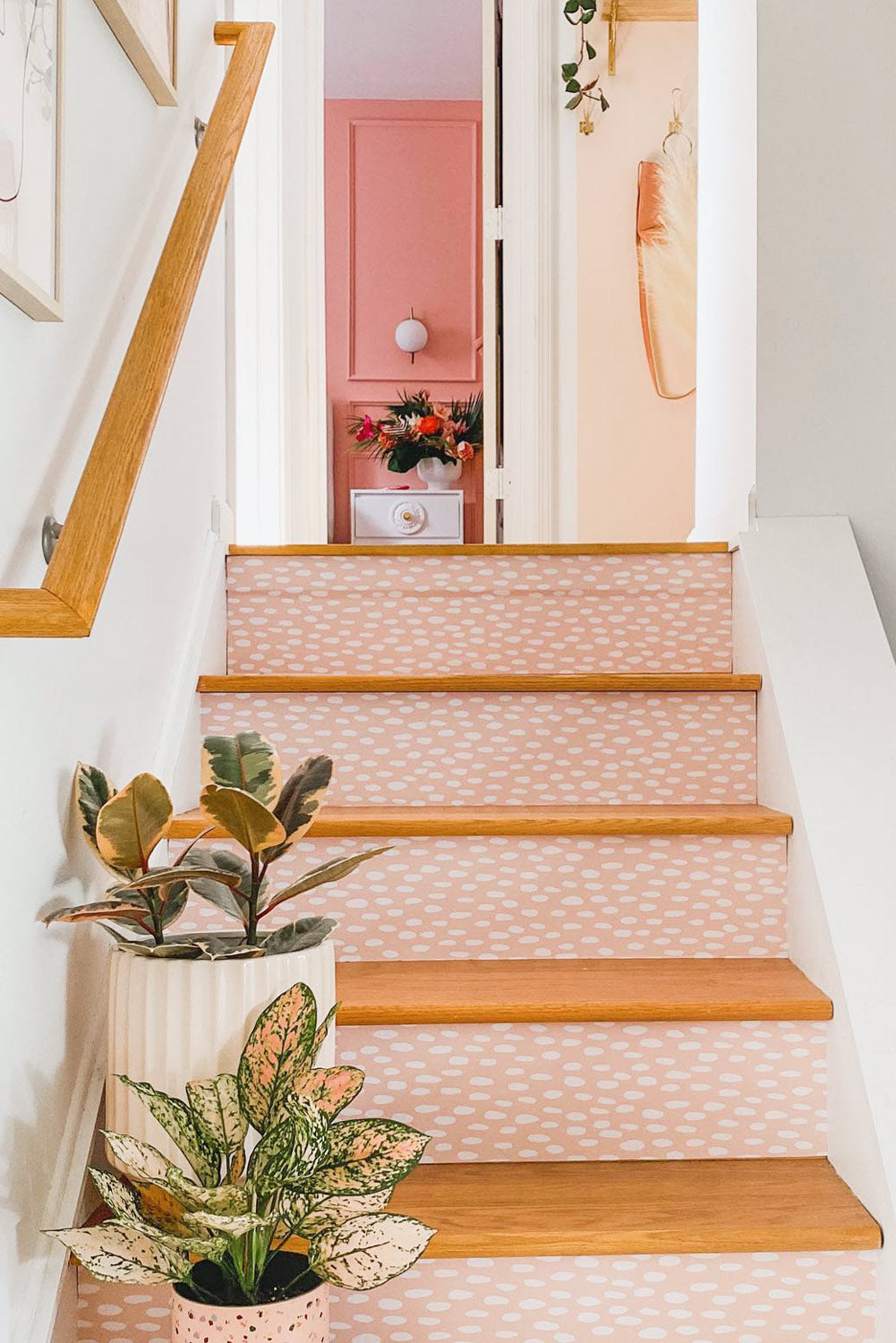 Pastel Pink Speckle wallpapered staircase