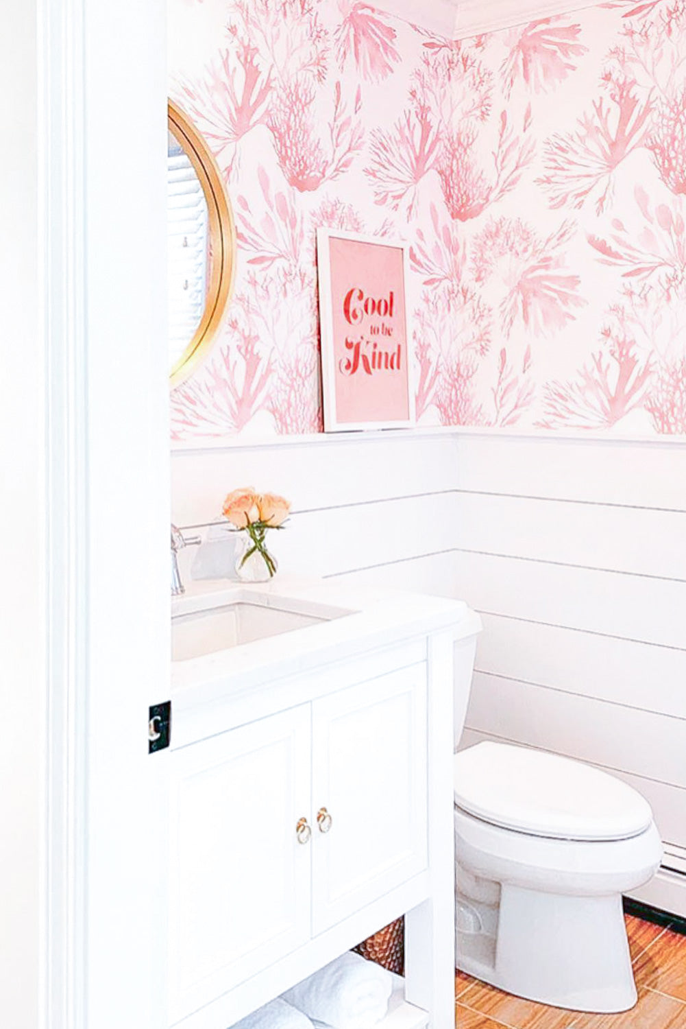 Elegant Coral Removable Wallpaper Powder Room Interior