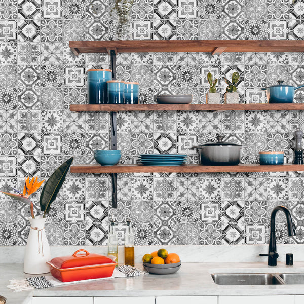 Monochrome tiles removable wallpaper for kitchen backsplash | Livettes