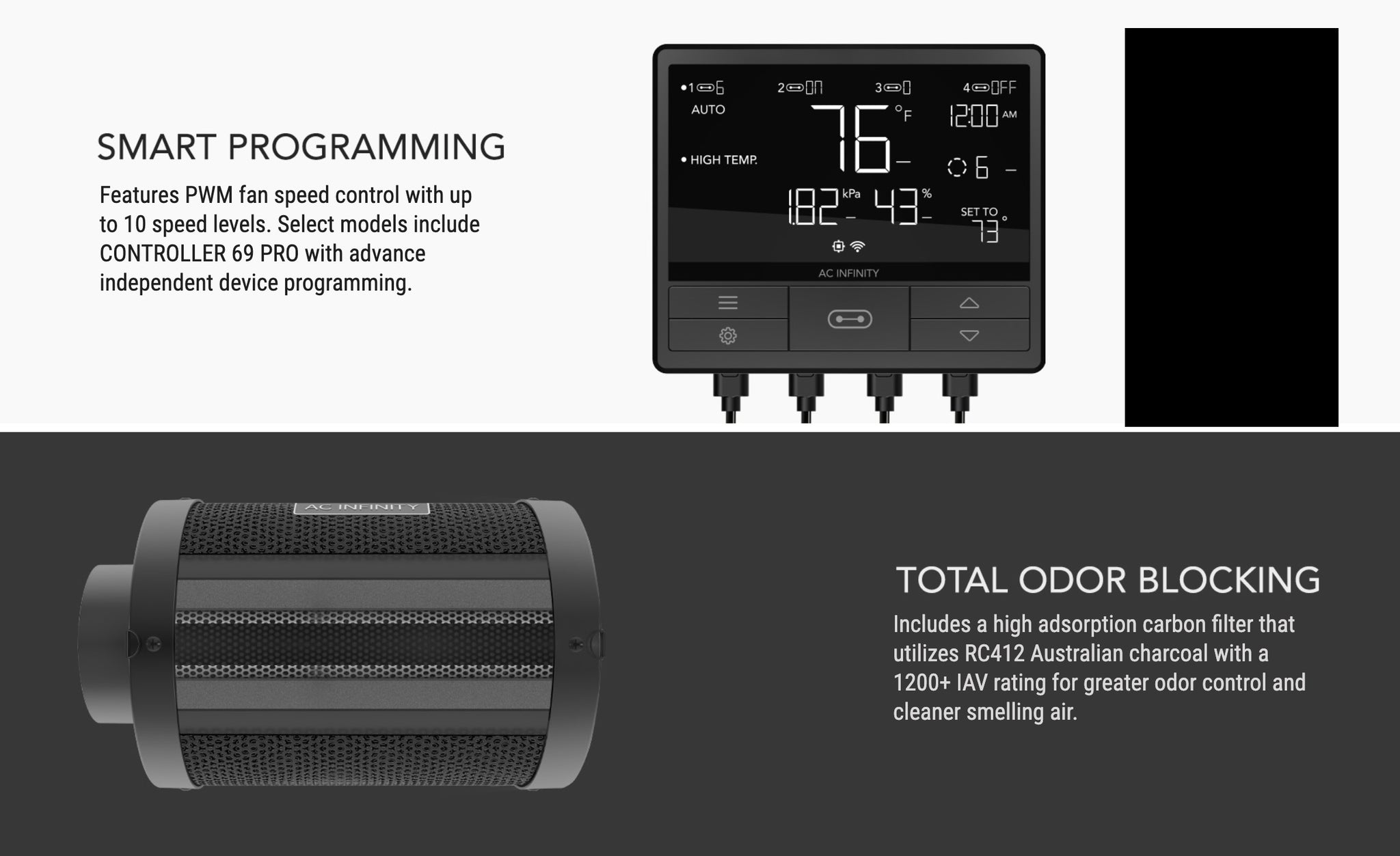 Smart programming with pwm fan speed control and odour blocking filter