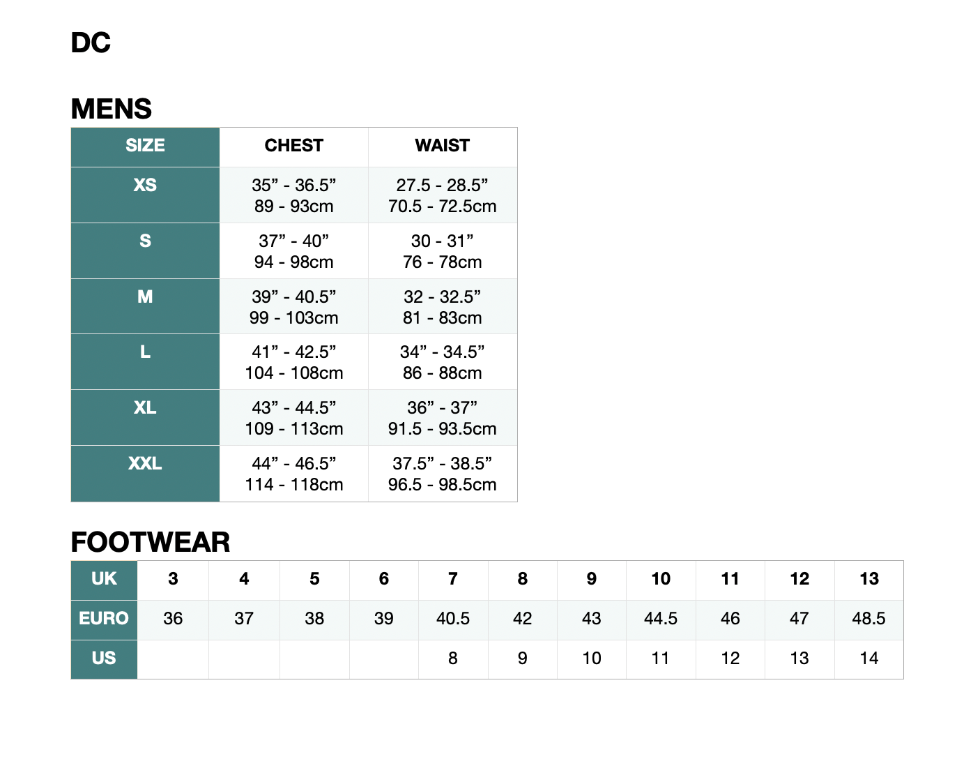 dc shoes size chart