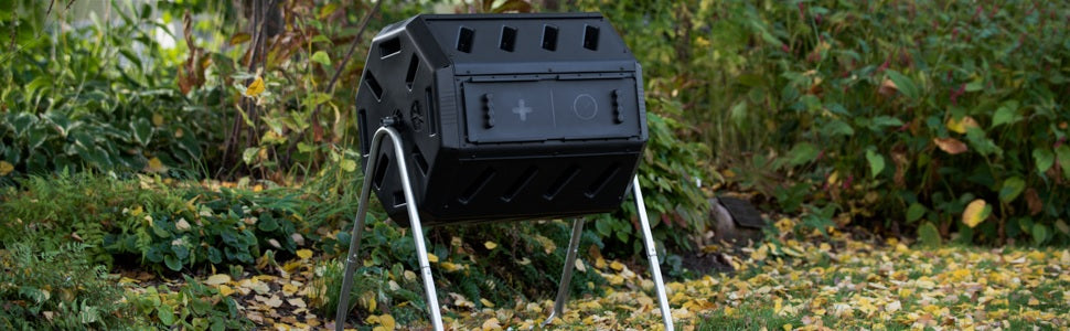 YIMBY Dual Chamber Tumbling Composter in backyard