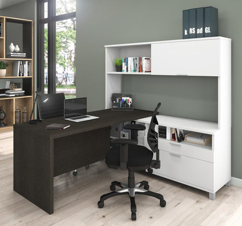 72W L-Shaped Desk with Drawers and Hutch