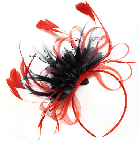 Red and Black Hoop mix Fascinator on Headband with Feathers