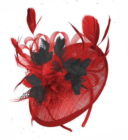 Red and Black Sinamy Base disc fascinator on headband