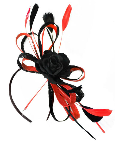 Black and Red Rose Sinamay Hoop Fascinator on Headband