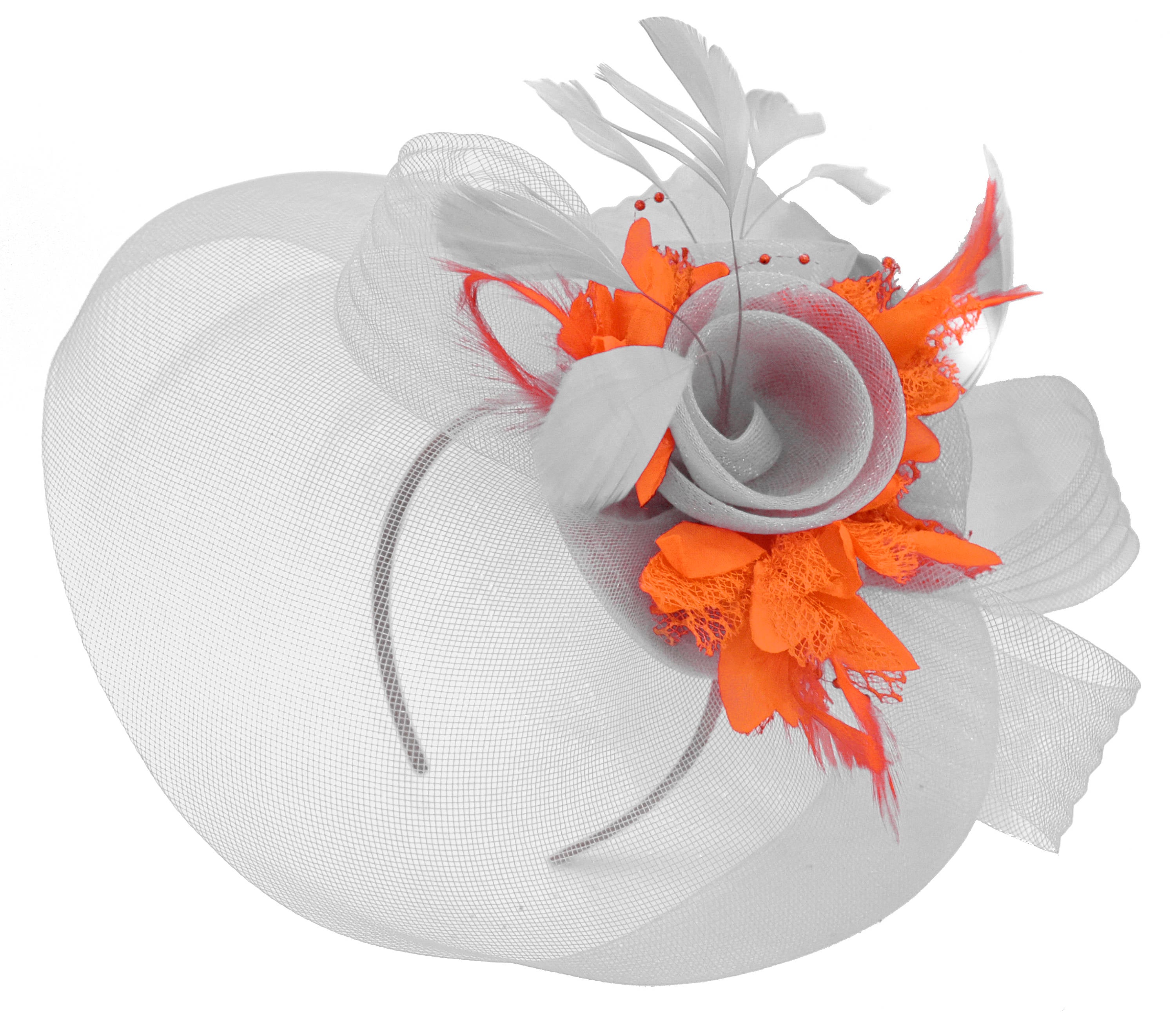 metro Inspecteren Transistor Caprilite UK Online | Caprilite Grey Silver and Orange Fascinator on  Headband Veil UK Weddin