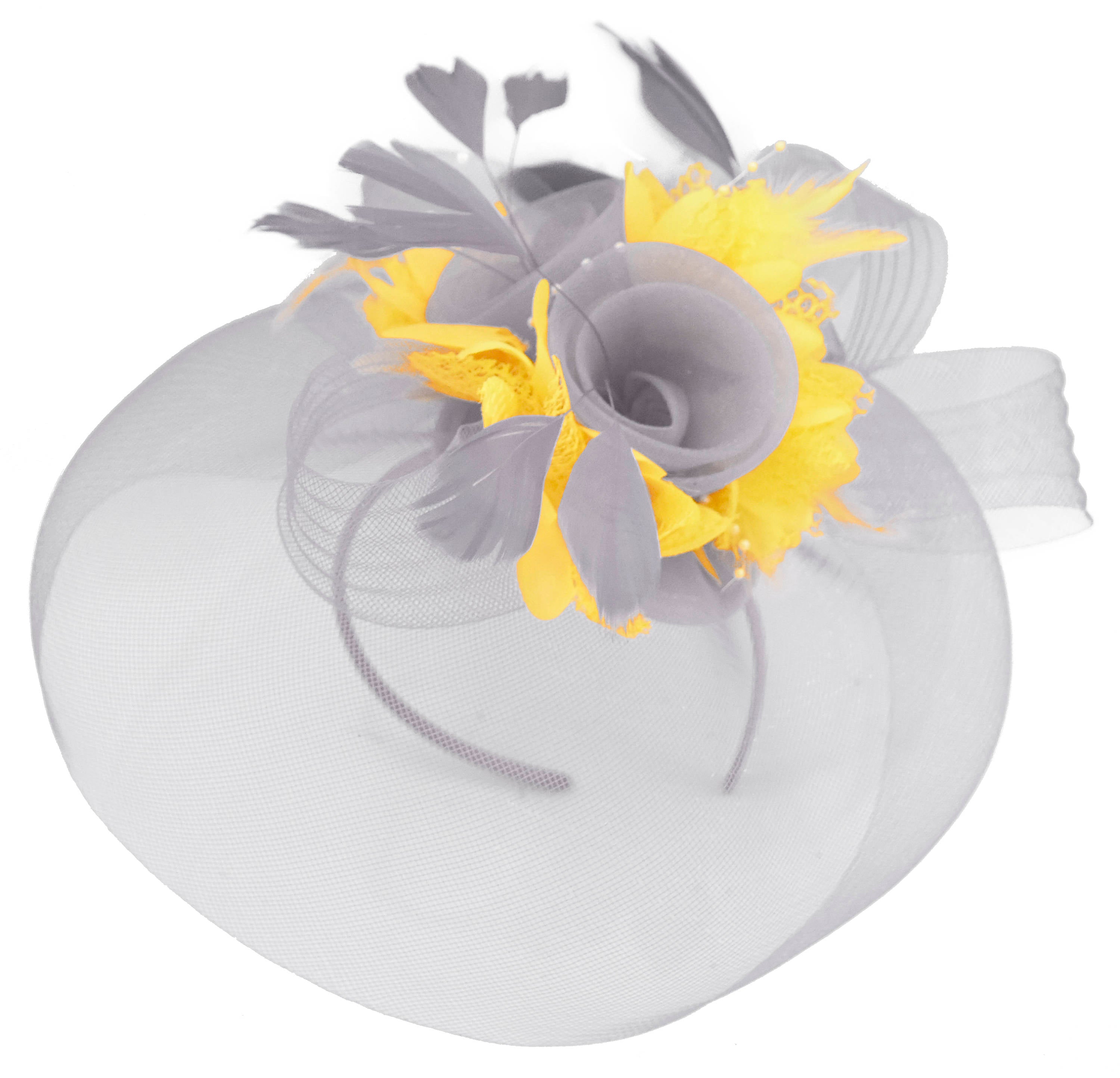 yellow and grey fascinator