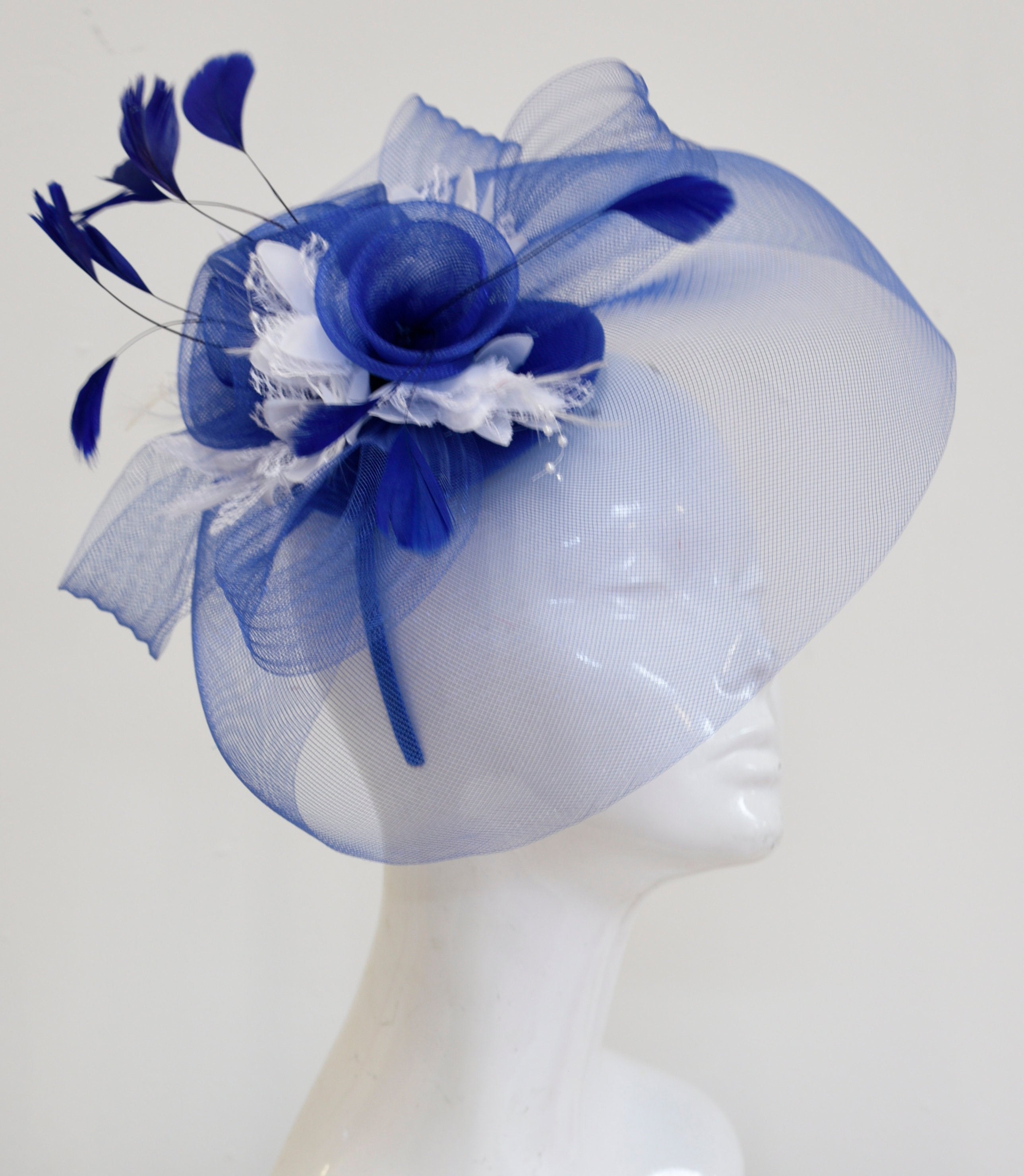 royal blue and white fascinator